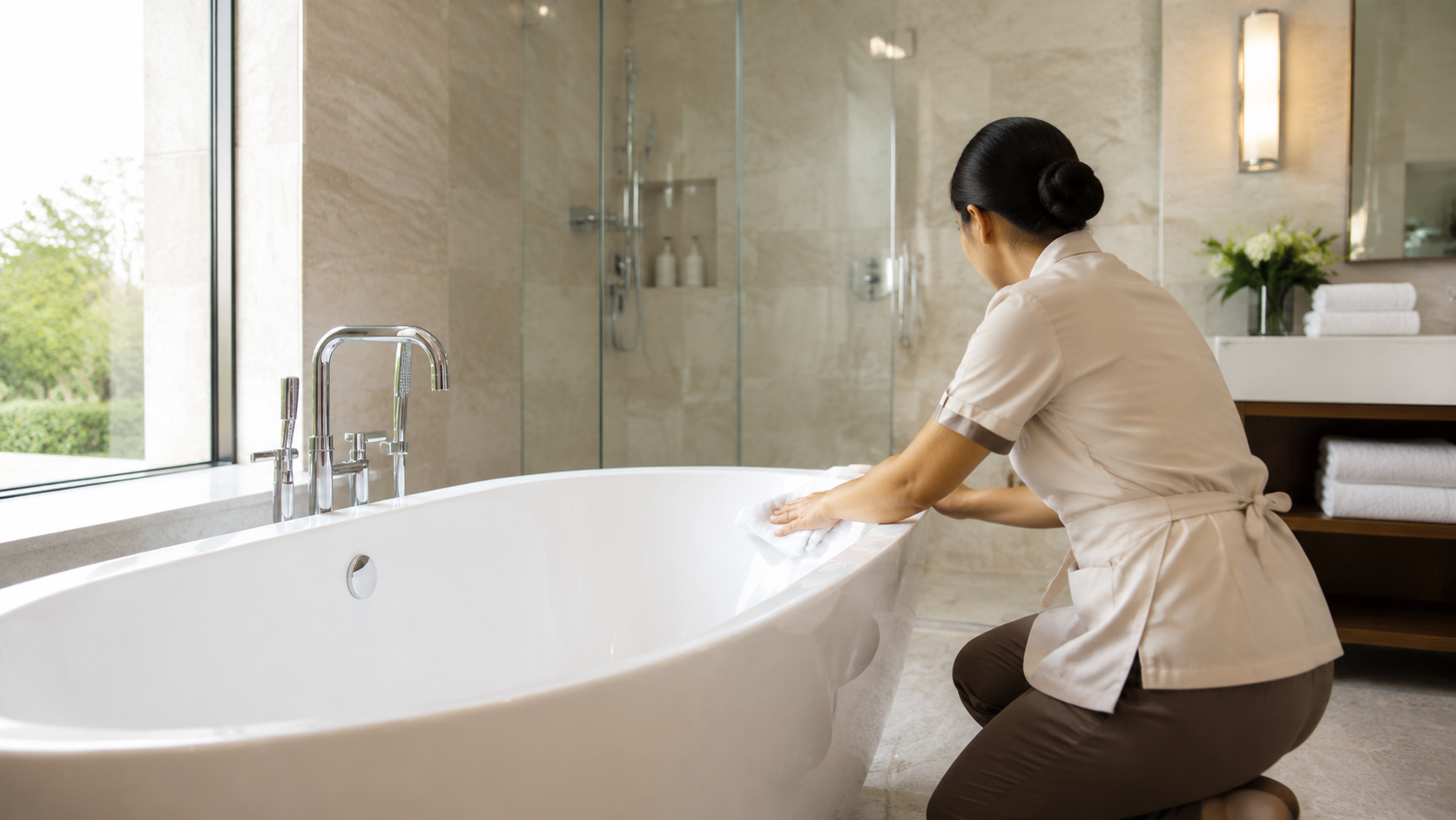 Professional housekeeper cleaning a hotel bathtub