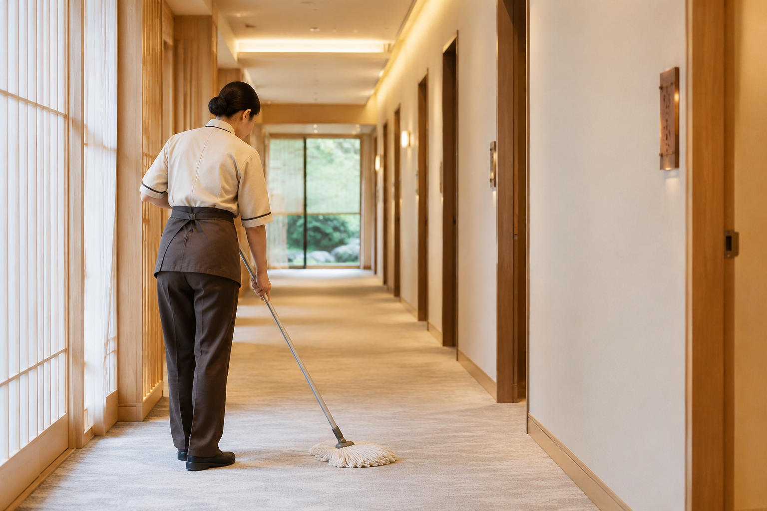 Professional housekeeper cleaning a hotel corridor