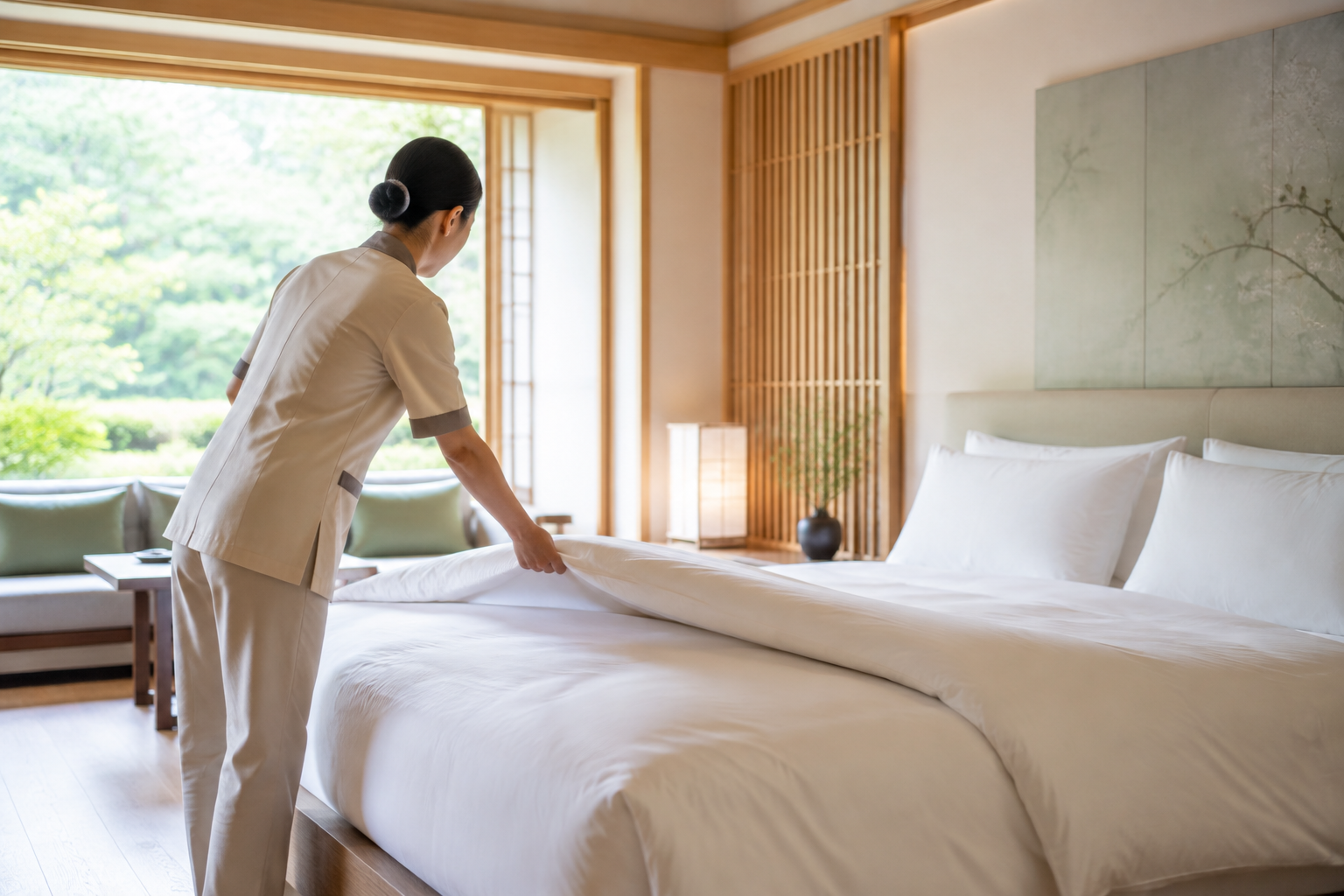 Professional hotel housekeeper making a bed