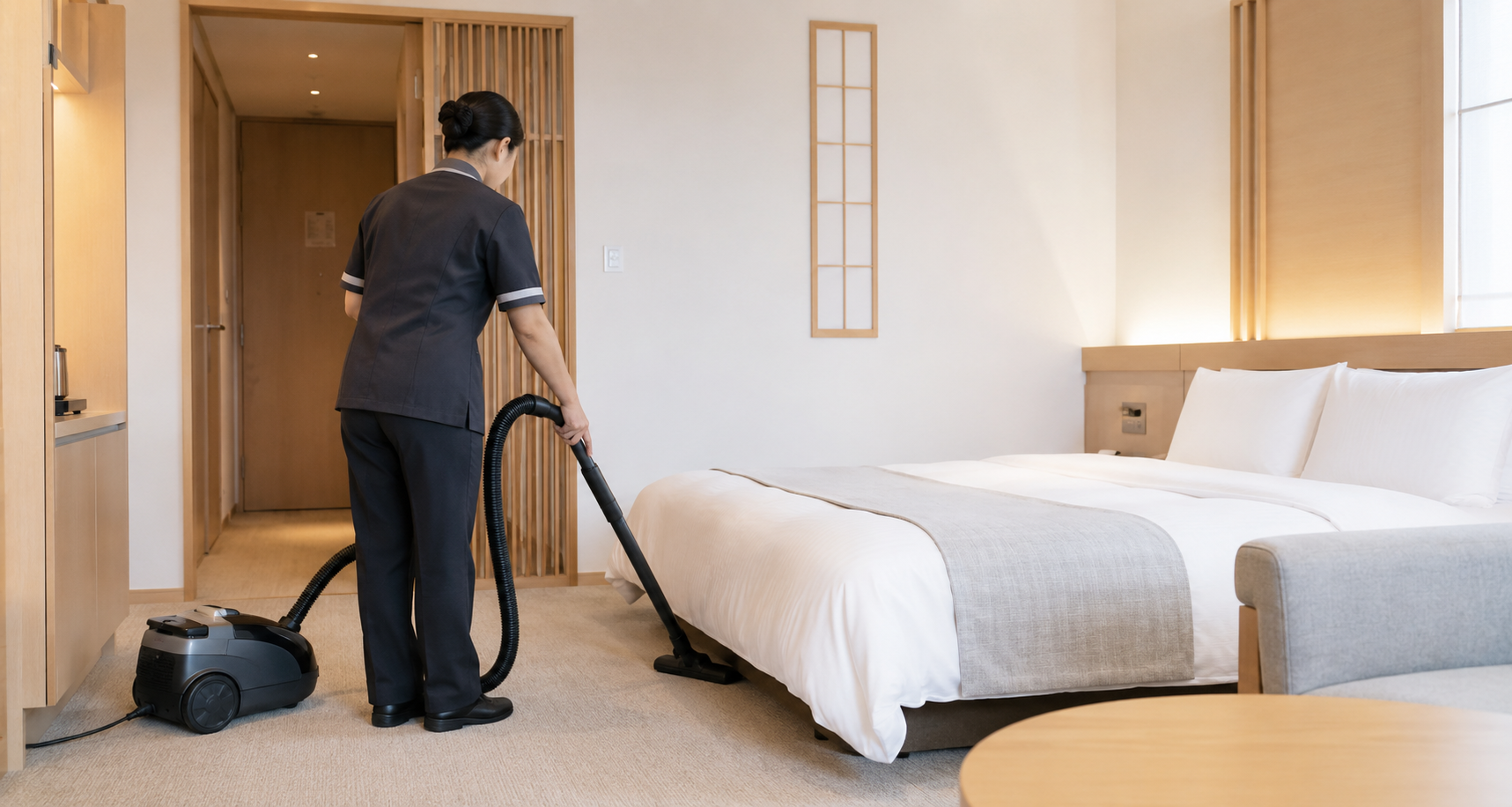 Professional housekeeper vacuuming a hotel guest room